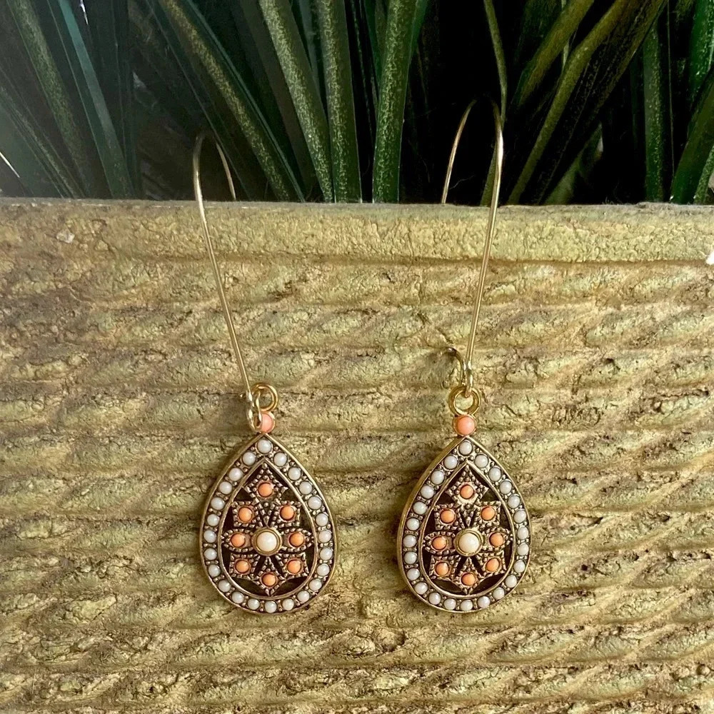 New earrings pretty gold tone tear drop bead dangle earrings hook clasp